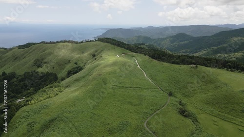 Aerial drone footage of green mountain plateau, Izu Peninsula