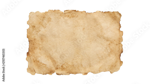 Aged parchment paper with burnt edges isolated on white background.