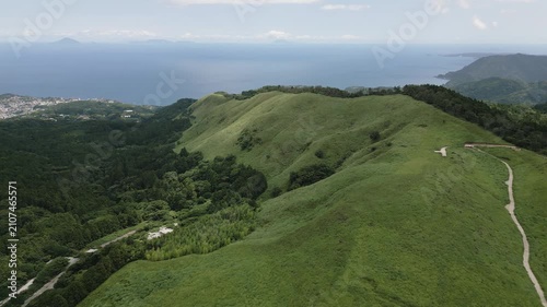 Aerial drone footage of green mountain plateau, Izu Peninsula