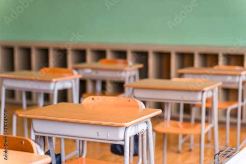Image of a classroom/school building with a blackboard (with lockers)