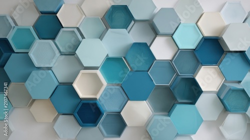 Dynamic 3D Hexagonal Pattern in Cool Blue and White Tones, Abstract Geometric Background.