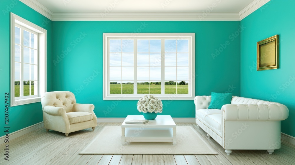 Fototapeta premium Bright spacious lounge area with white furniture and windows