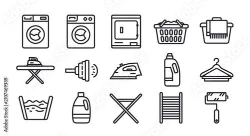 Fotografie Laundry and cleaning service linear icon set.