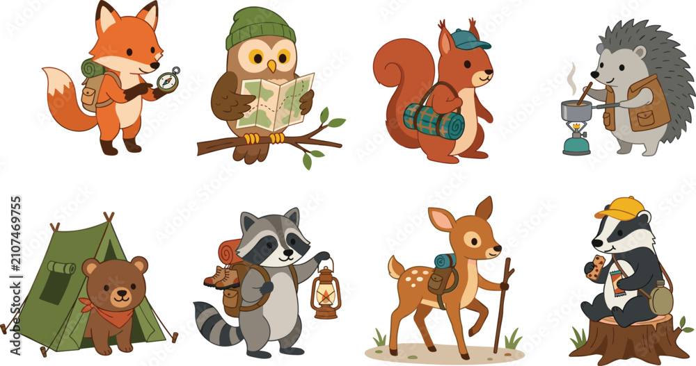 Obraz premium Cute Woodland Animals Camping Set Vector Illustration Featuring Cute Fox, Owl, Squirrel, Hedgehog, Bear, Raccoon, Deer, and Badger