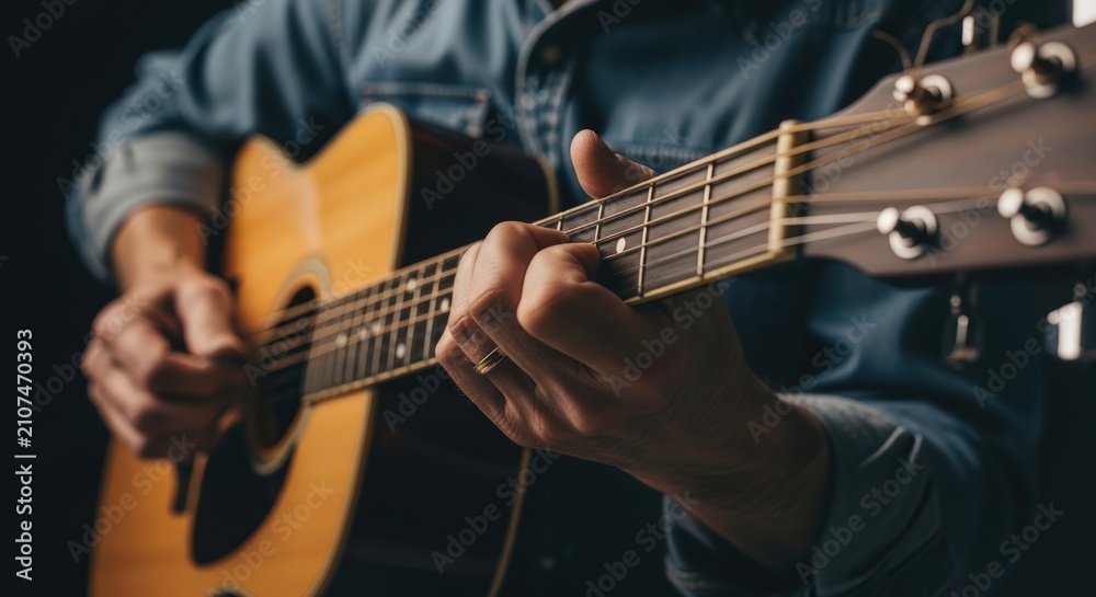 Obraz premium Close-up of a person playing an acoustic guitar with focus on hands and strings.
