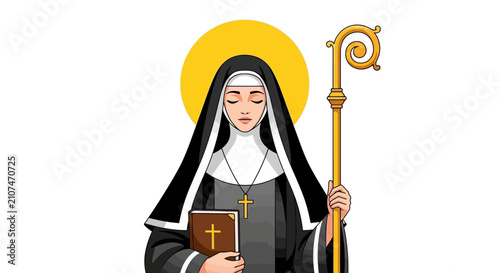 An illustration of a Catholic abbess holding a crozier and a holy book.