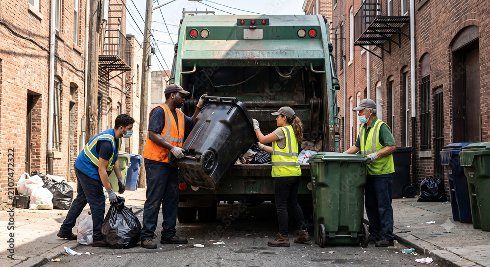 Fototapeta premium Diverse sanitation workers emptying heavy bins into garbage truck.
