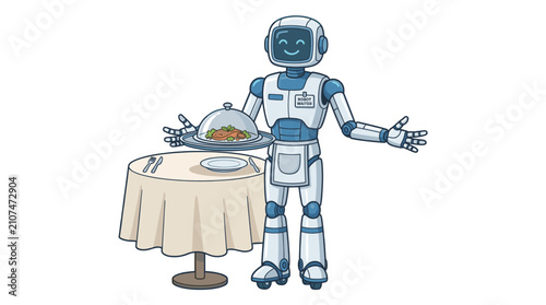 Konstfotografi Robotic waiter serving dinner at a restaurant table.