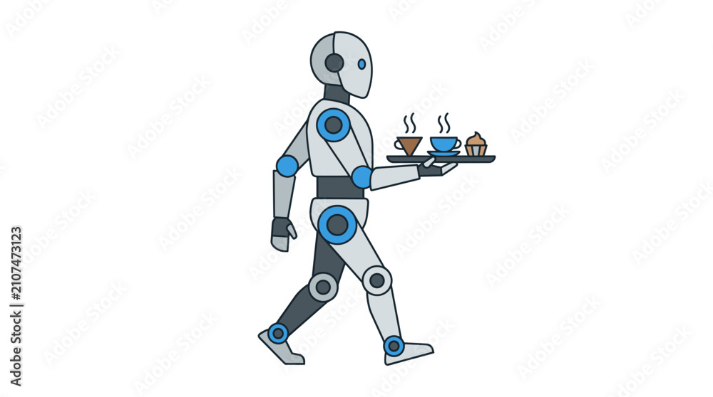 Fototapeta premium Humanoid robot waiter serving coffee and breakfast on tray.