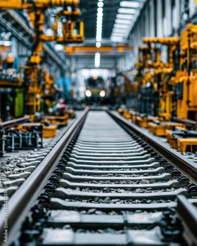 Train inside a maintenance facility with railway tracks leading towards the train, surrounded by industrial machinery and equipment.