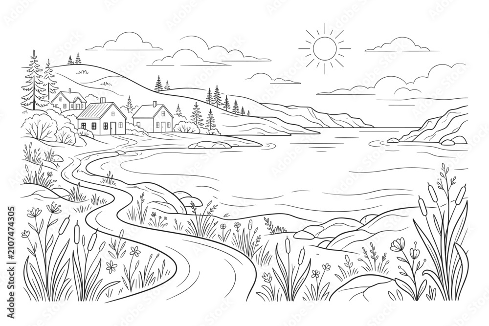 Fototapeta premium Country landscape with lake houses trees and sun vector illustration.