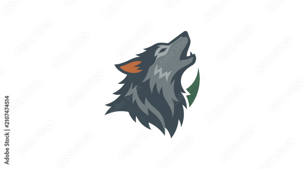 Fototapeta premium Stylized Wolf Head Howling with Green Leaf Accent.