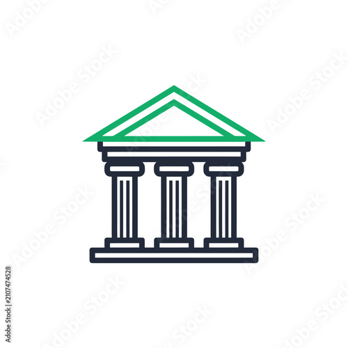 Stylized bank building icon with green roof and three columns.