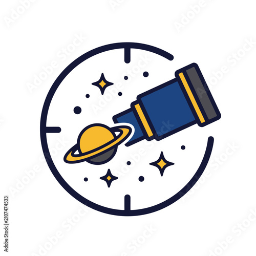 Telescope Observing Saturn and Stars in a Circular Frame.