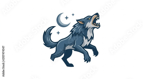 Photos Stylized Wolf Howling at the Moon Illustration.