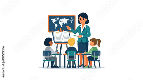 фотографія Teacher instructing young students in a classroom setting.