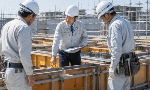建設現場で型枠工事の施工状況を確認する設計者と作業員