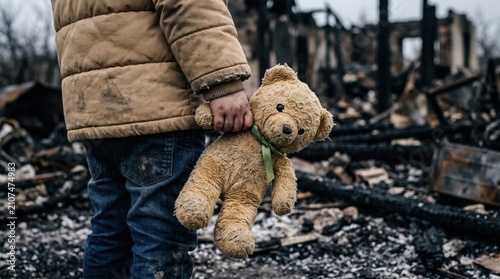 Child holding a teddy bear in front of a destroyed home