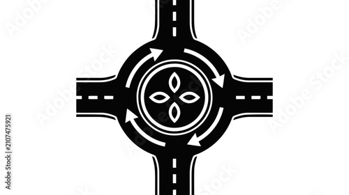 Vector illustration of top view of a roundabout road junction with a central flowershaped island on a transparent background