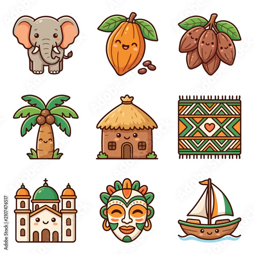 Kawaii vector sticker set of Ivory Coast cultural symbols featuring an elephant, cocoa pods, palm tree, traditional hut, geometric textile, Yamoussoukro basilica, tribal mask, and boat.