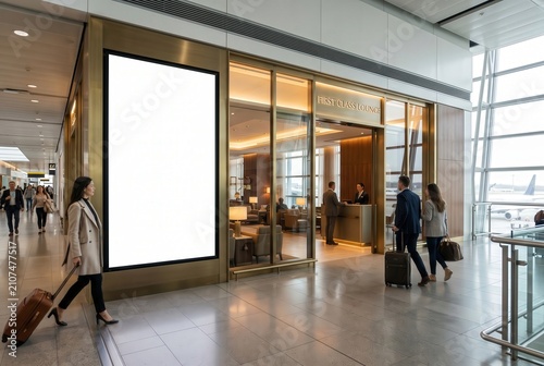 Blank vertical billboard mockup at modern airport lounge.