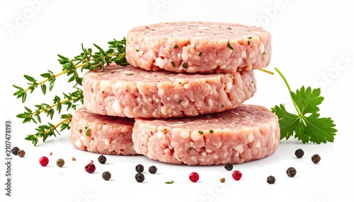 Stack of four raw, seasoned ground meat patties with herbs and peppercorns