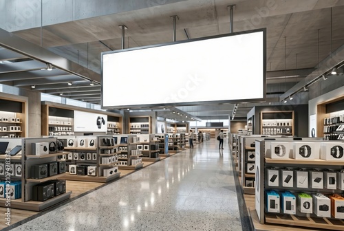 Blank Billboard Mockup Suspended in Modern Airport Electronics Store