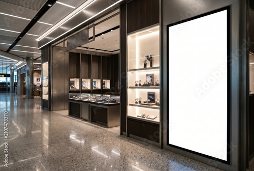 Blank vertical billboard mockup in a luxury watch retail store interior