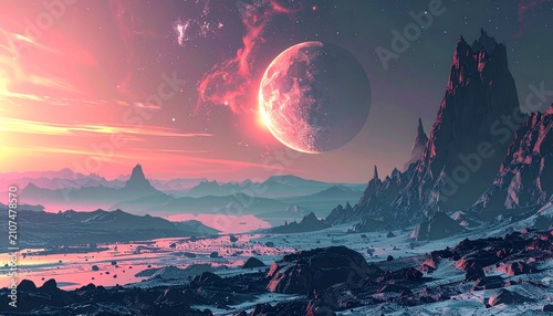 Otherworldly Landscape with Pink Sky and Crescent Moon.