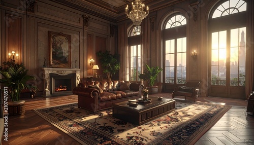 Opulent Living Room with Fireplace and Large Windows at Sunset.
