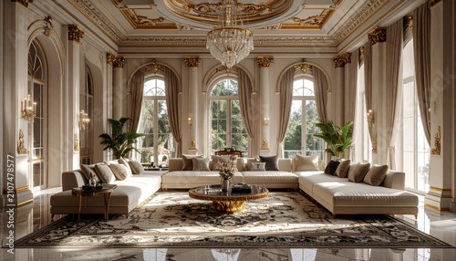 Opulent Living Room with High Ceilings and Elegant Decor.