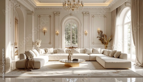Opulent Living Room with Elegant White Decor and Expansive Seating.