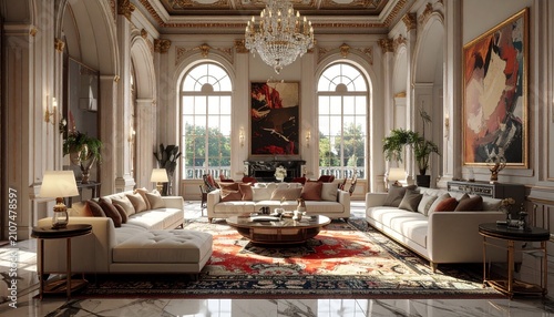 Opulent Living Room with High Ceilings and Elegant Furnishings.