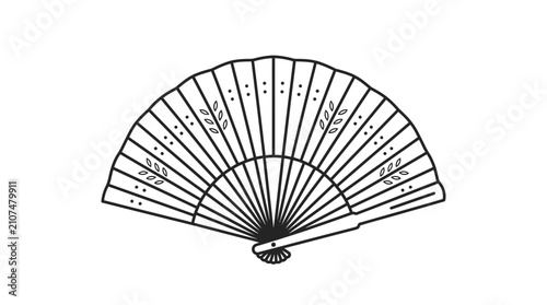 A detailed black and white line art illustration of a traditional folding hand fan.