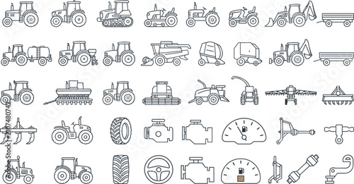 Schilderij op canvas Agricultural Machinery and Farm Equipment Line Icon Set Featuring Tractors, Harv