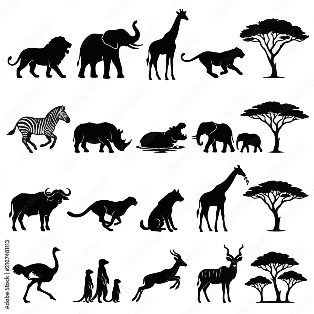 Obraz premium African Safari Animals Silhouettes Set Vector Illustration
