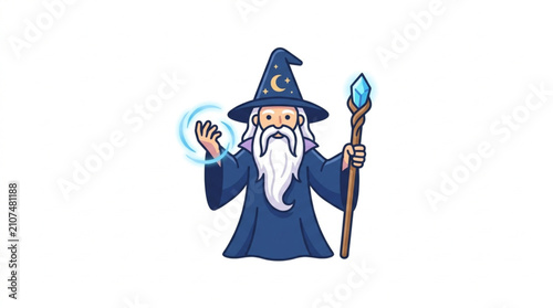Wizard casting a spell with a crystal staff and magical orb.