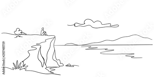 Εκτύπωση καμβά Minimalist line art drawing of a lonely person sitting on a cliff overlooking th