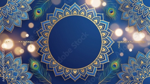 Blue and Gold Festive Mandala Background with Peacock Feathers