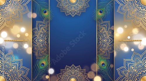Luxury Janmashtami Background with Gold Mandala and Peacock Feather