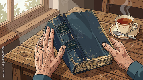Obraz na płótnie Elderly Hands Opening Old Book on Wooden Table with Cup of Tea, Representing Kno