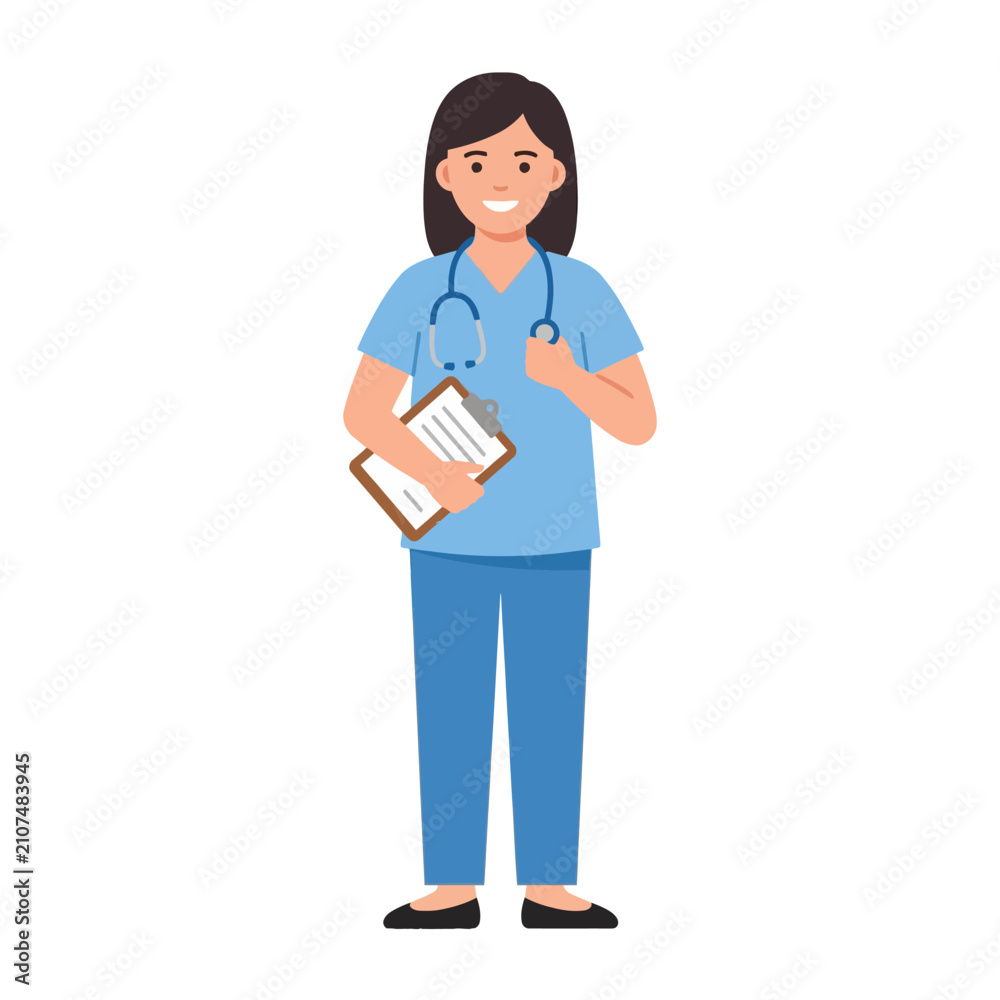 Fototapeta premium Female nurse with stethoscope and clipboard standing isolated on white