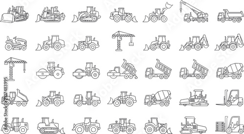 Foto Construction Vehicles and Heavy Equipment Outline Icon Set Featuring Bulldozers,