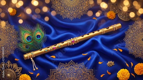 Radiant golden flute and majestic peacock feathers arranged on shimmering blue silk, enhanced by vibrant marigold blossoms and intricate cultural patterns, evoking a festive and spiritual ambiance