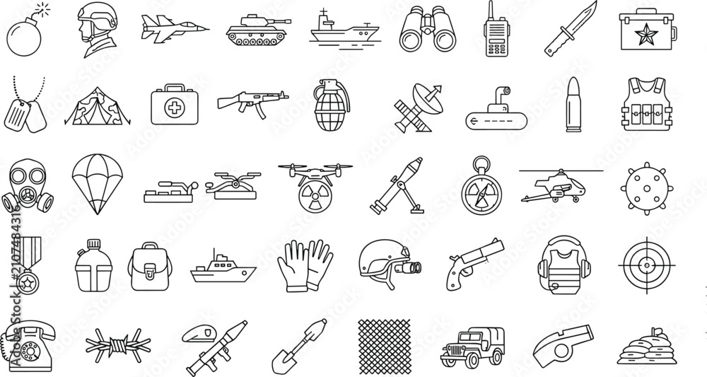 Naklejka premium Military Defense and Tactical Equipment Outline Icon Set Featuring Weapons, Soldiers, Vehicles, Communication, Surveillance, Navigation, and Protective Gear