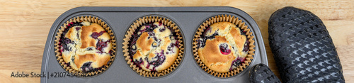Cuadro en lienzo Fresh from the oven hot baked lemon blueberry muffing with golden top in jumbo m