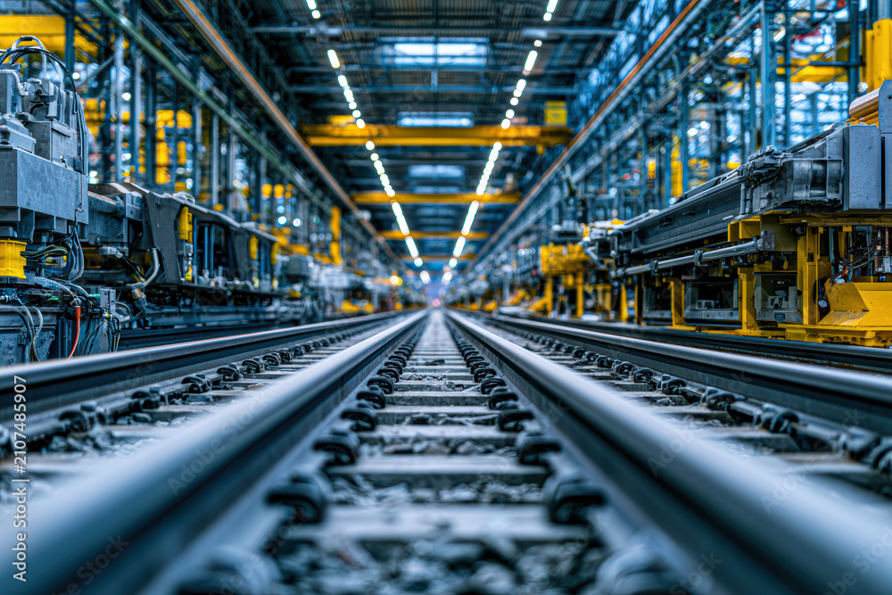 Fototapeta premium Inside view of a modern railway factory with train carriages on tracks and overhead lighting in a large industrial space.
