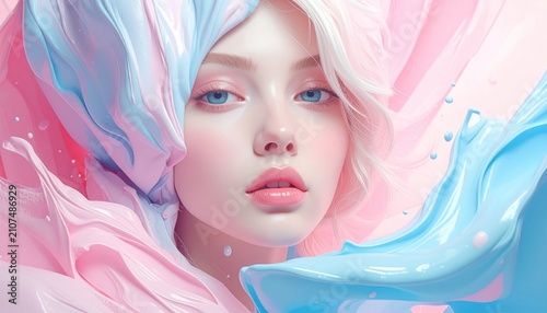 Portrait of a woman with pink and blue flowing fabric framing her face, serene expression