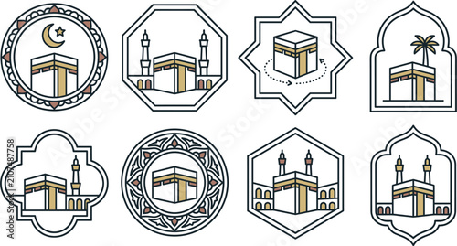 Konstfotografi Vector set of Kaaba Islamic badges and line icons featuring Makkah pilgrimage Ha