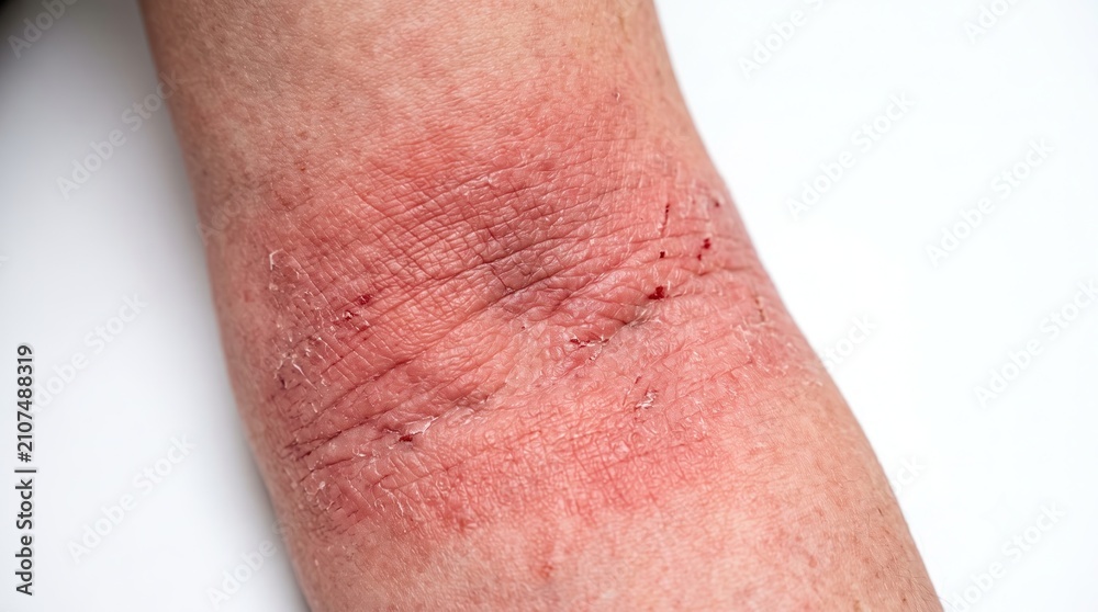 Fototapeta premium Severe Atopic Dermatitis Erythema and Skin Fissures on Inner Elbow Flexure Close Up